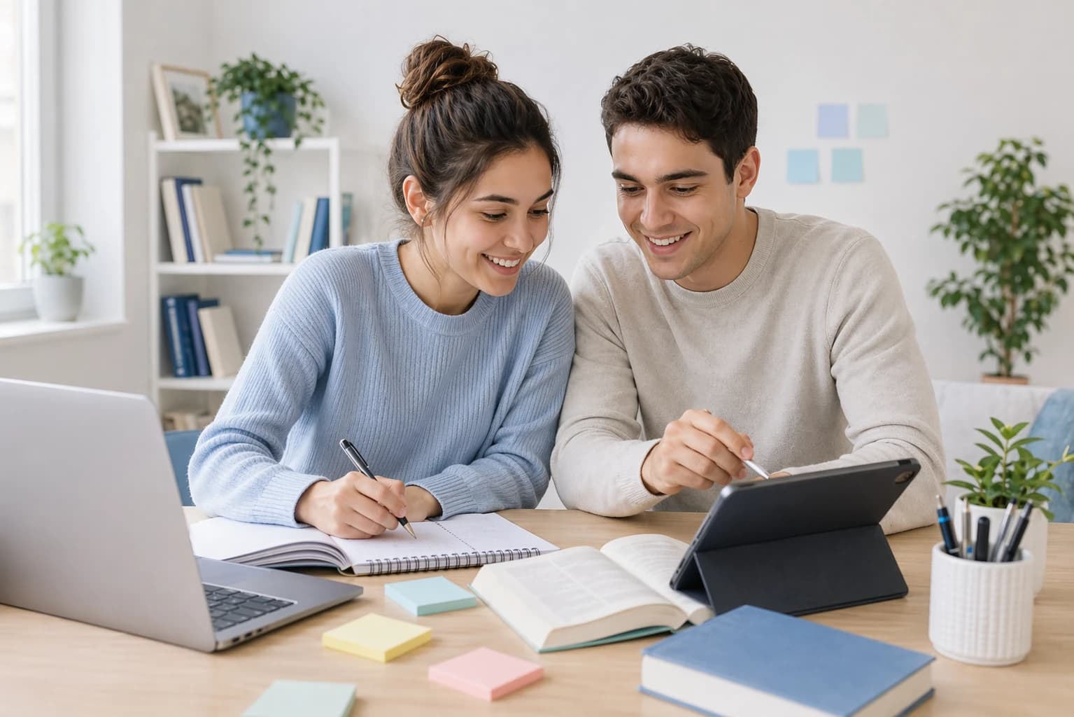 Casal de estudantes estudando junto e sorrindo